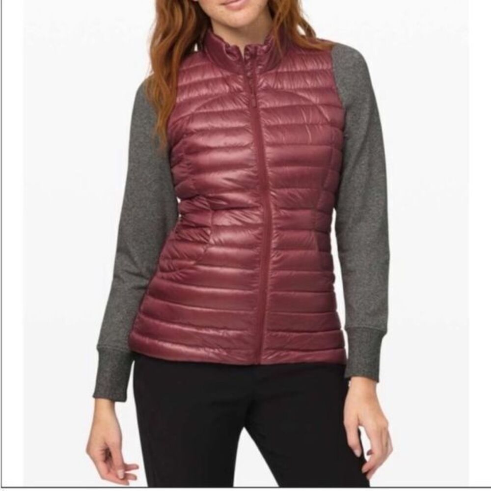 lululemon athletica Maroon Puffer Vest with Gray Knit Sleeves